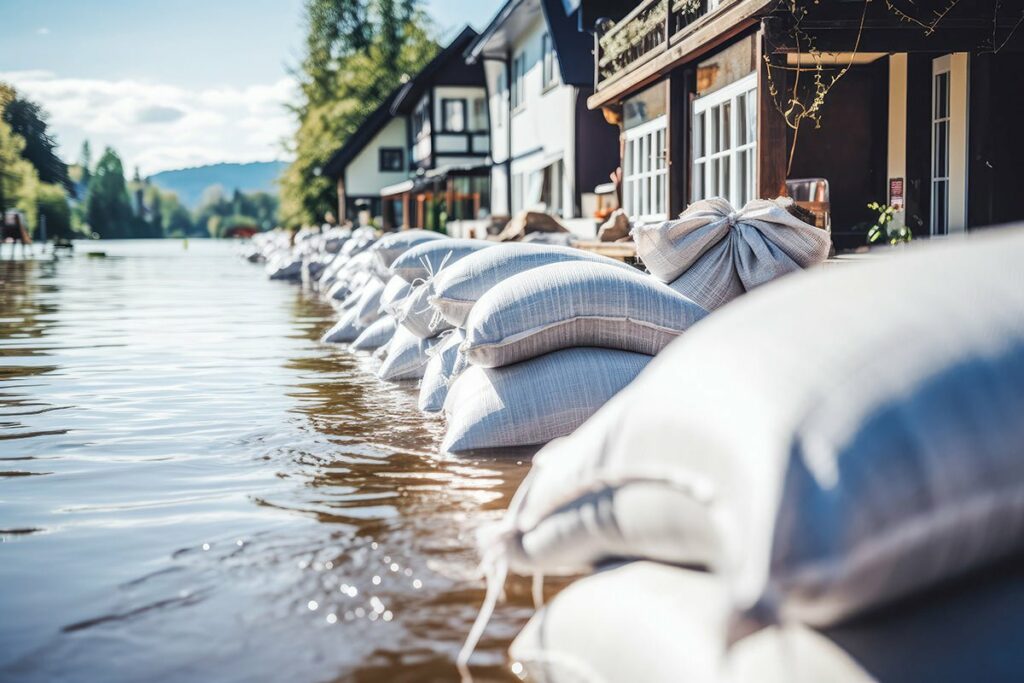 Sandsack-Haufen bei Hochwasser